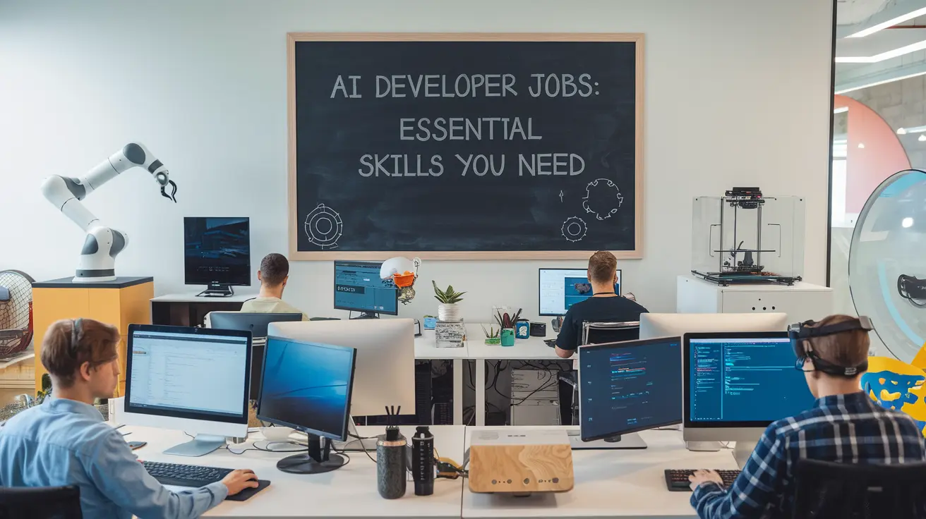 Infographic listing essential skills for AI developer jobs, including programming languages, machine learning frameworks, and data analysis tools.