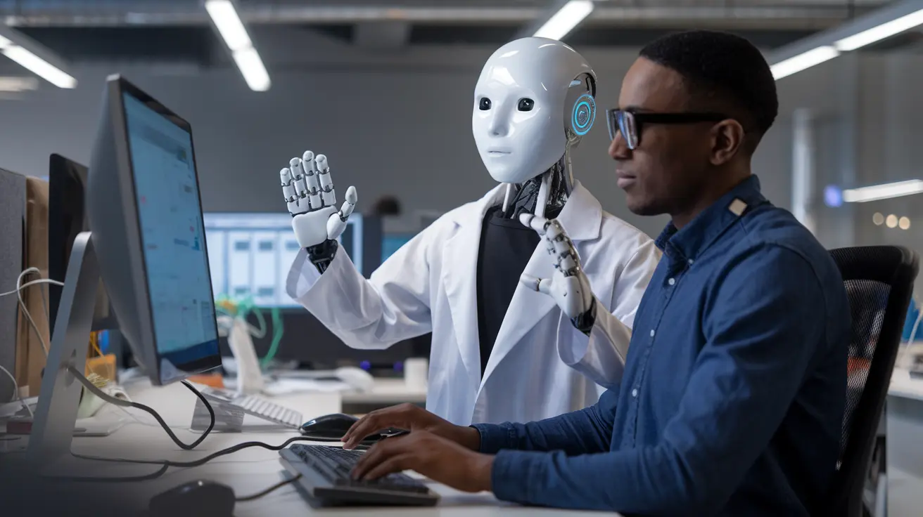 AI and Human Collaboration A person and a robot working together on a computer, showcasing AI and human collaboration in a modern office setting