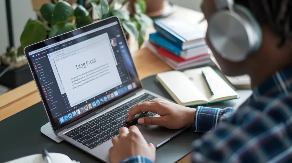 AI for Content Generation Boosting Productivity and Creativity - Blogger typing on a laptop with headphones on, surrounded by books and a notebook