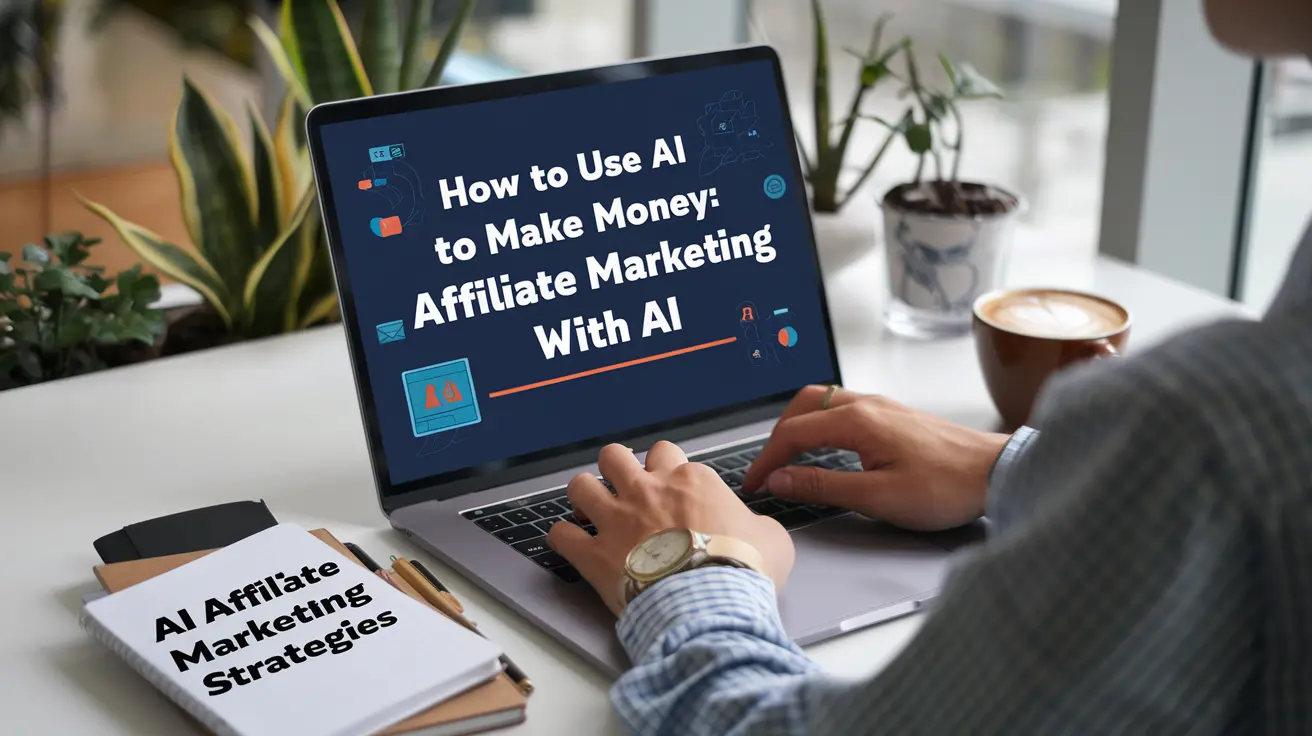 Affiliate Marketing with AI: Graphic illustrating affiliate marketing enhanced by AI technology, showing interconnected networks and data analysis