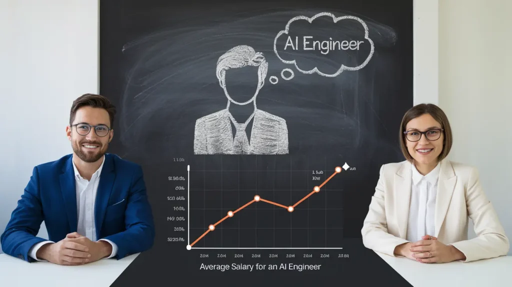 Two individuals in formal attire sit at a table in front of a blackboard with a drawing of an AI engineer and a graph depicting the increasing average salary of AI engineers.