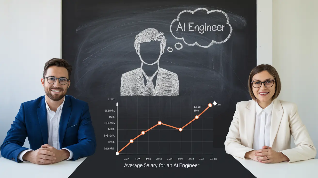 Average Salary for an AI Engineer: Two individuals in formal attire sit at a table in front of a blackboard with a drawing of an AI engineer and a graph depicting the increasing average salary of AI engineers.