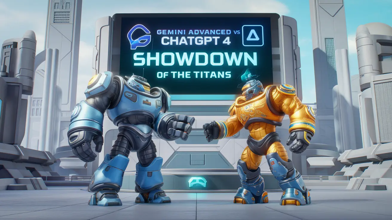 A futuristic illustration of two robot-like figures representing Gemini Advanced (in blue) and ChatGPT 4 (in gold) facing off in an arena, with the text "Gemini Advanced vs ChatGPT 4: Showdown of the Titans" displayed on a digital screen in the background.