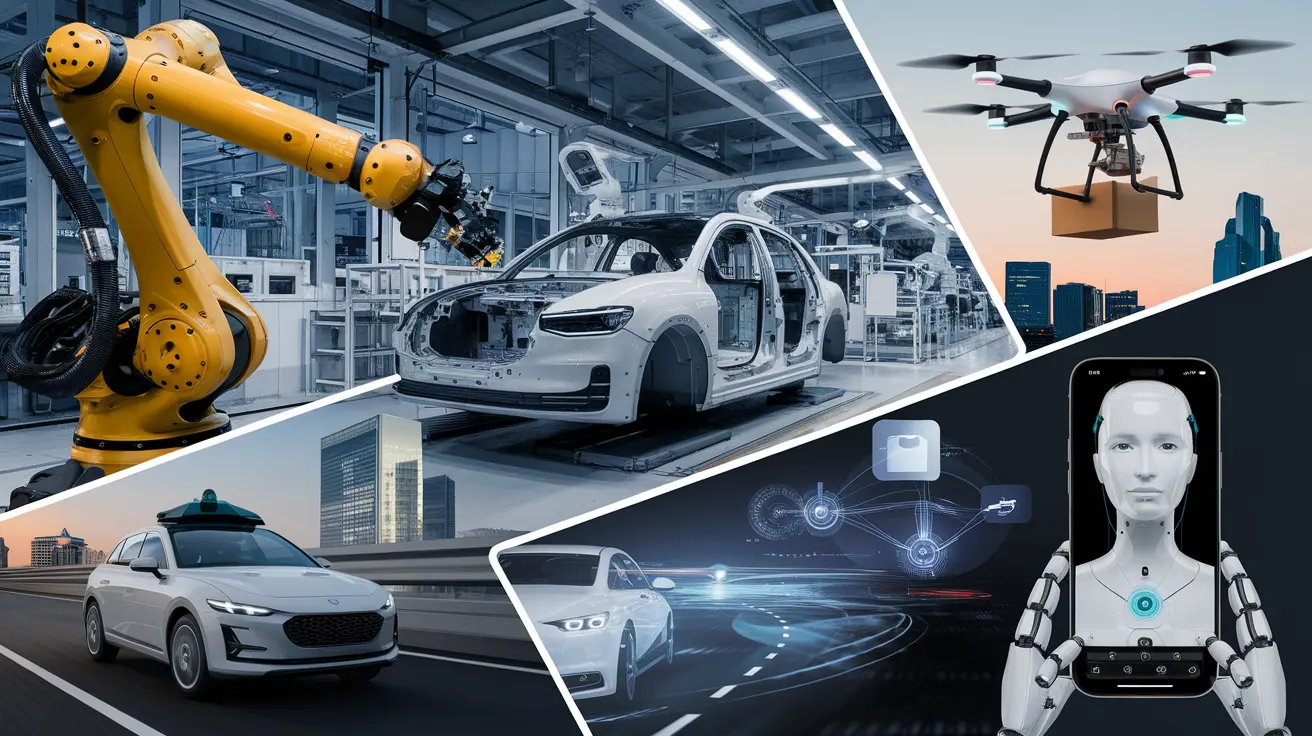 Collage of AI applications including a robotic arm in manufacturing, a car assembly line, a delivery drone, an autonomous vehicle, and a humanoid interface on a smartphone