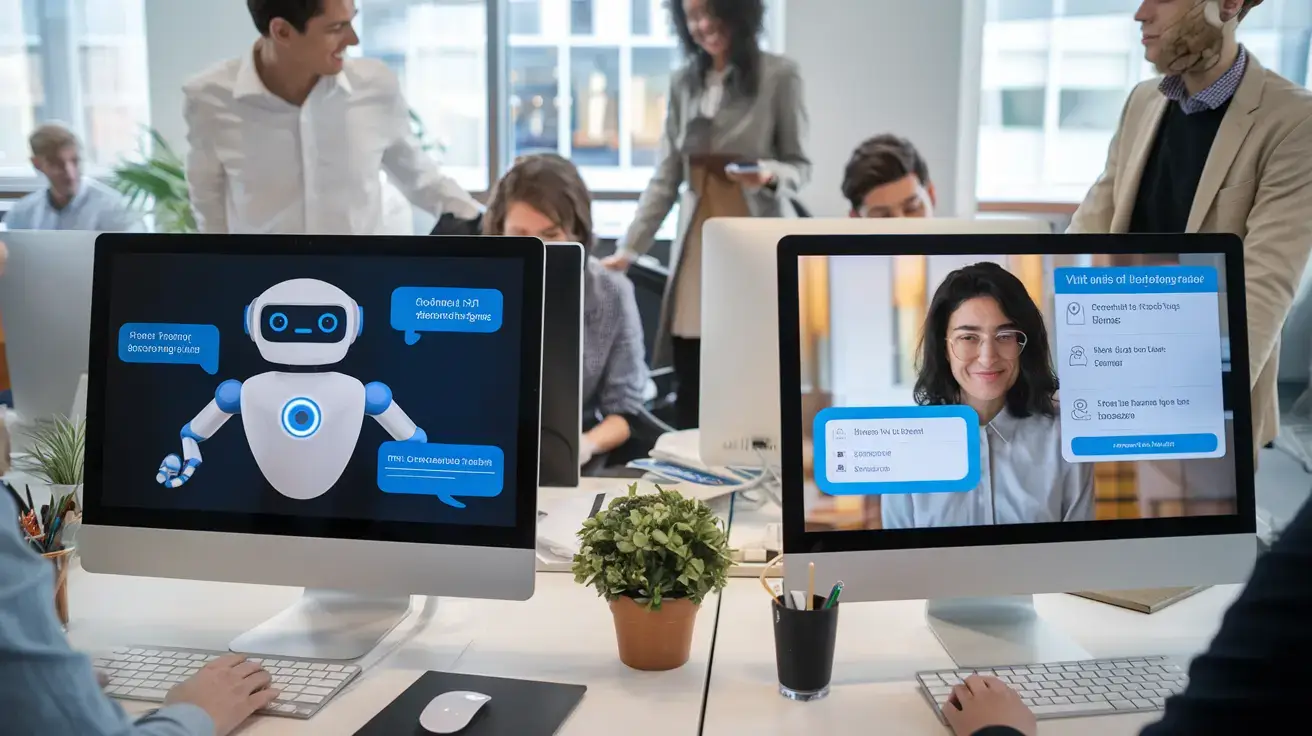 chatbot and conversational AI: Office environment showing two computer screens, one with a chatbot interaction and the other with a human agent video call, highlighting the use of AI in customer service