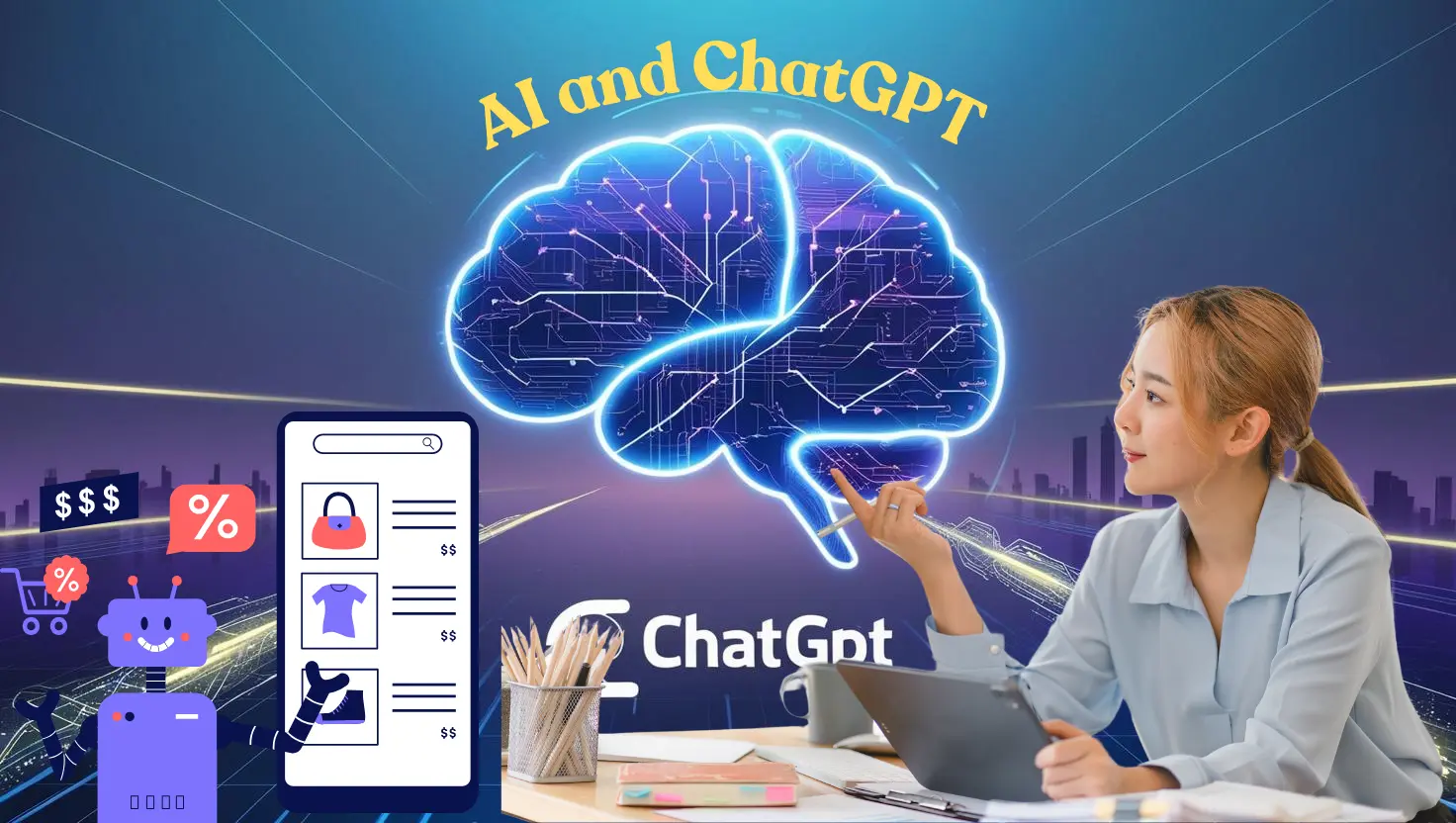 A futuristic illustration showcasing the power of AI and ChatGPT, with interconnected neural networks and digital interfaces.