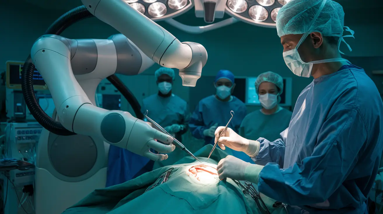 An illustration showcasing AI applications in surgical robots, with a robot assisting in a medical procedure.