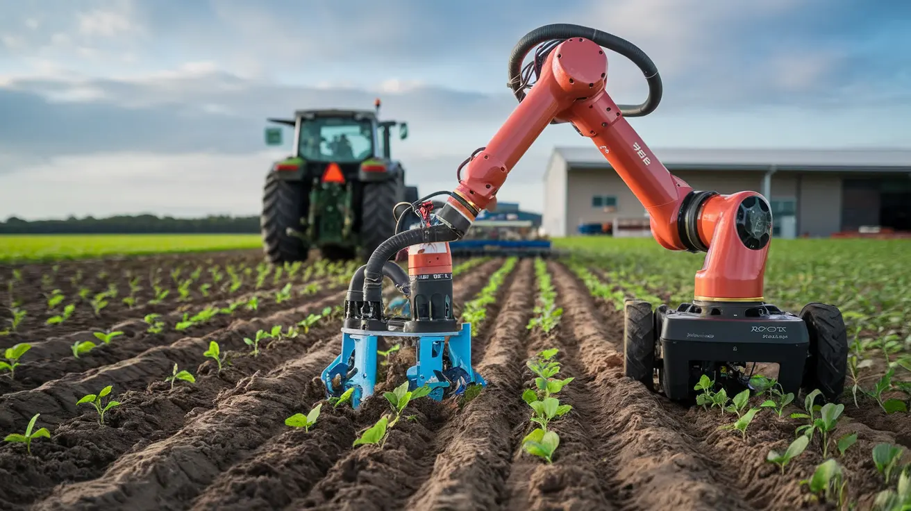 AI-powered autonomous tractor operating in a farm field, showcasing AI robotics in farming technology