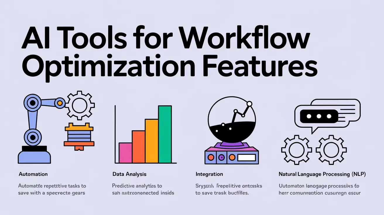 Infographic displaying AI tools for workflow optimization, highlighting features such as automation, data analysis, and task management.