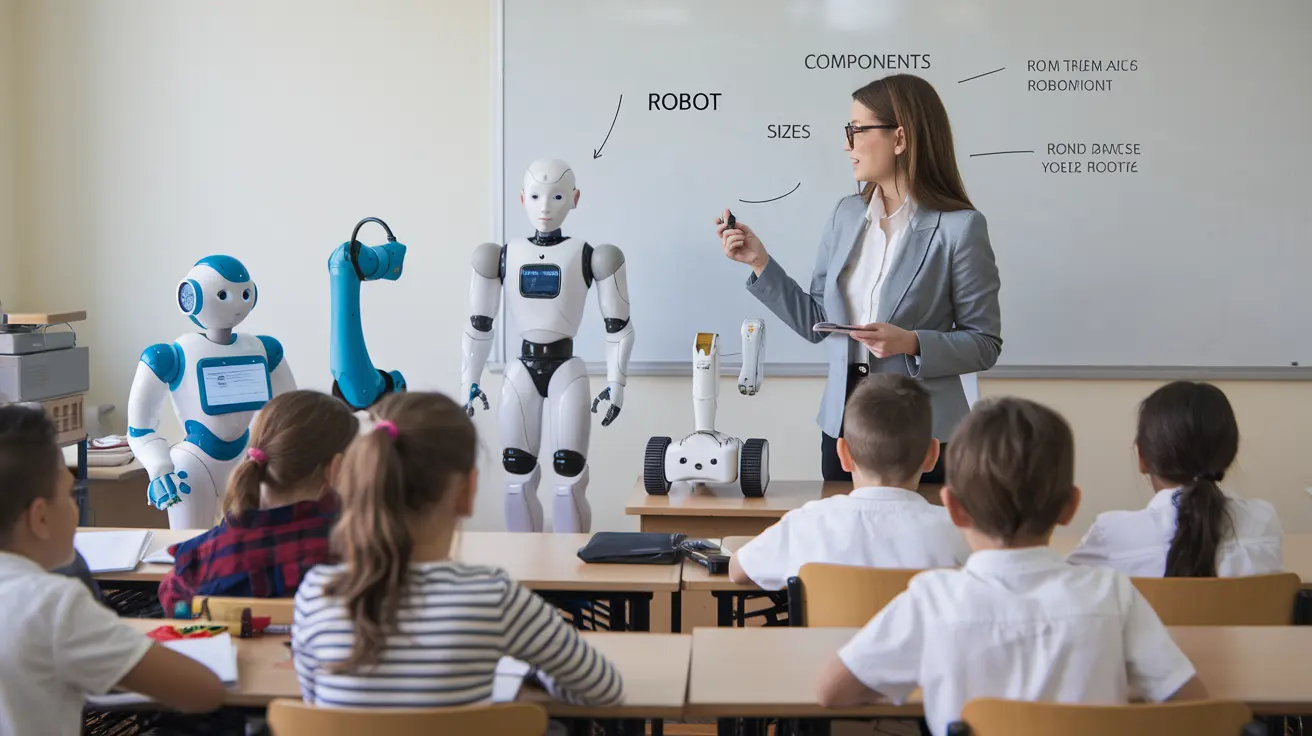 A classroom setting where students are learning about AI in Robotics Education, with robots and educational materials visible.