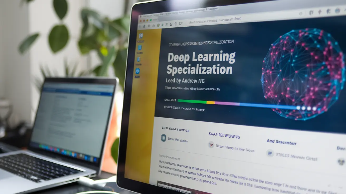 Illustration of Deep Learning Specialization Course, featuring a neural network diagram and educational elements.