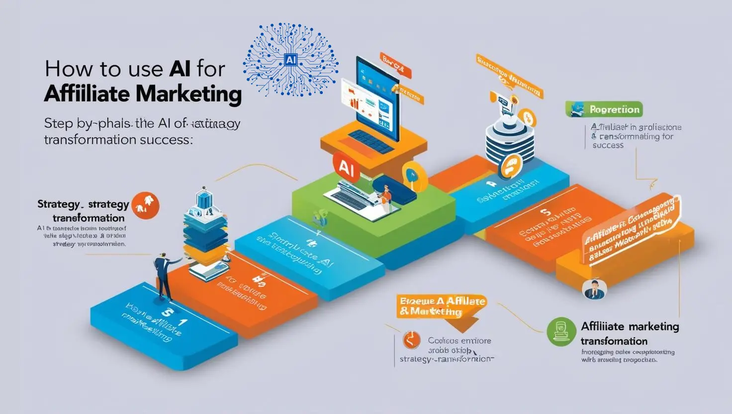 Graphic illustrating how to use AI for affiliate marketing, featuring icons of AI, analytics, and marketing tools