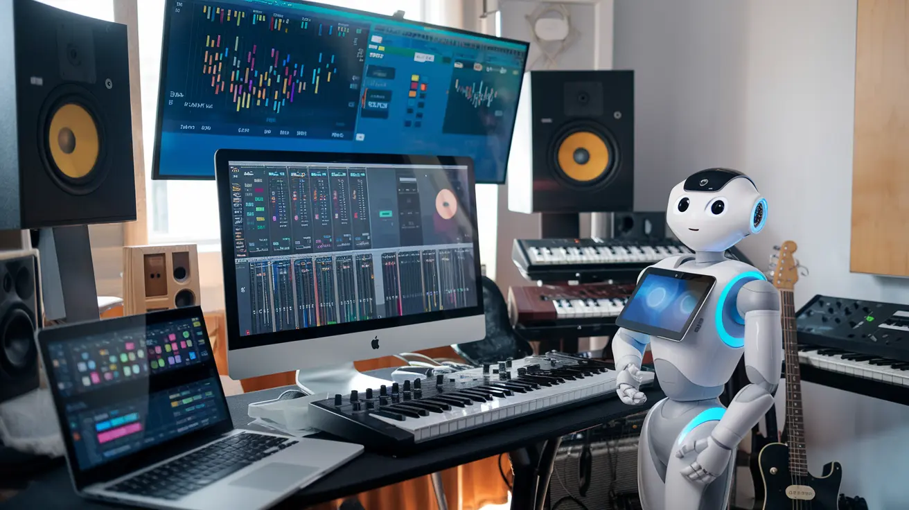 Exploring the Best AI Music Creation Tools: Various AI music creation tools displayed on a computer screen, showcasing interfaces for composing, editing, and mixing music.