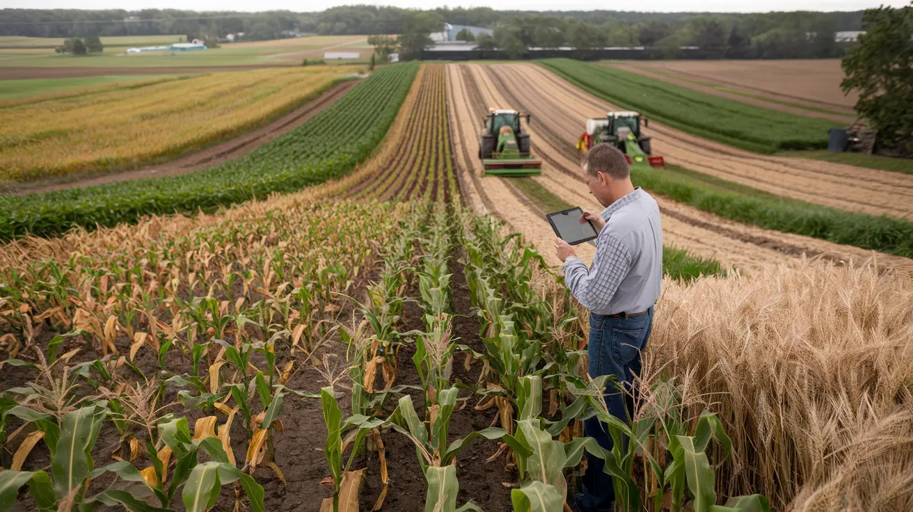 Illustration of farm automation systems, featuring AI-driven machinery and smart technology in agricultural settings