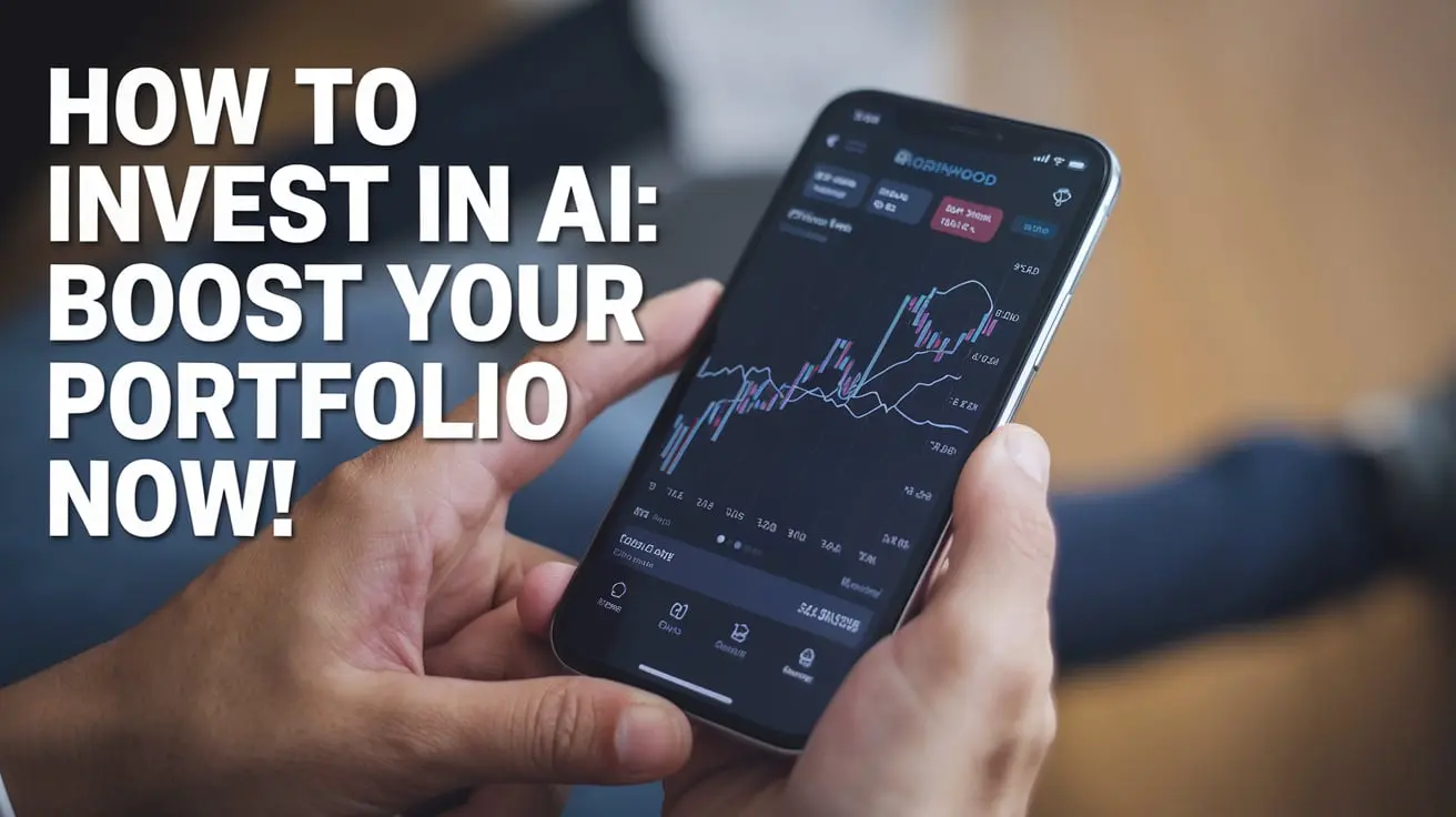 How to Invest in AI: Graphic illustration of how to invest in AI, featuring AI robots, charts, and investment symbols.