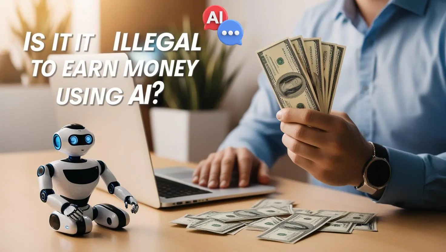 Is It Illegal to Earn Money Using AI: Illustration of a person using AI technology to earn money, with legal documents and a question mark