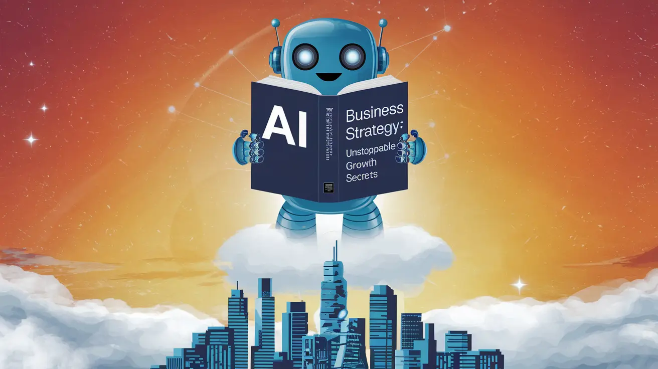 Graphic illustrating AI Business Strategy with icons of automation, analytics, and planning, highlighting streamlined workflows and cost reduction.