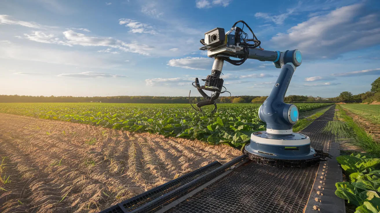 Illustration depicting the future of AI robotics in farming, with autonomous tractors and smart equipment in a modern farm setting