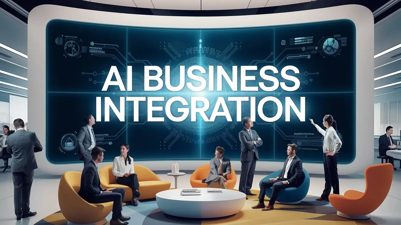 AI Business Integration diagram showcasing the seamless integration of artificial intelligence into various business processes and departments.