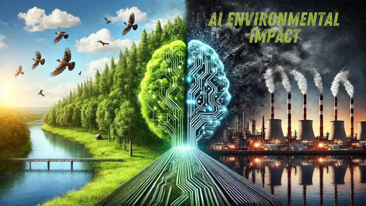 AI Environmental Impact: An infographic depicting the environmental impacts of artificial intelligence, including energy consumption, carbon footprint, and potential solutions like green AI and sustainable computing