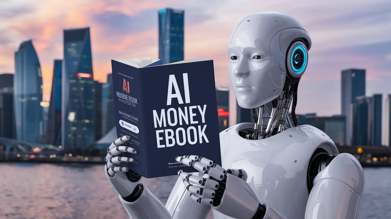 AI Money Ebook cover featuring a robotic hand holding coins and a digital book, with the title AI Money Ebook.