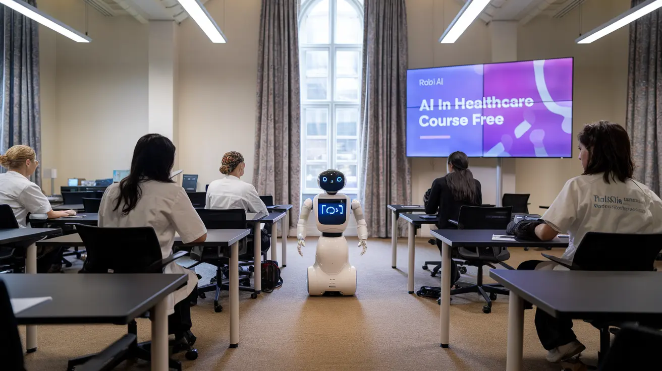 A certificate of completion for a free AI in Healthcare course, displayed on a laptop screen with a graduation cap and a stethoscope nearby.