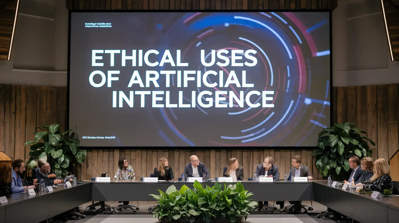 A photograph of a panel discussion on "Ethical Uses of Artificial Intelligence" with speakers seated at a table, presenting to an audience in Massachusetts.