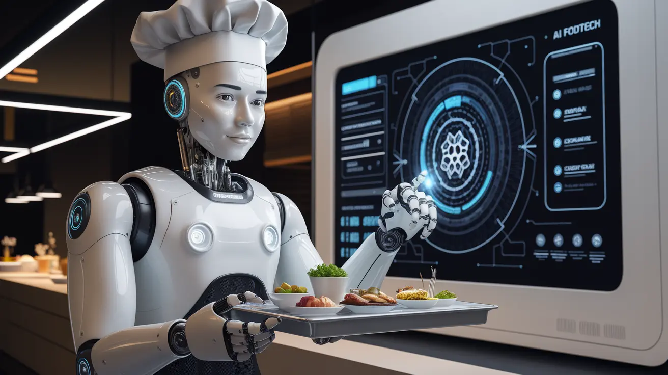 FoodTech AI: A futuristic kitchen with robotic arms preparing meals using artificial intelligence.