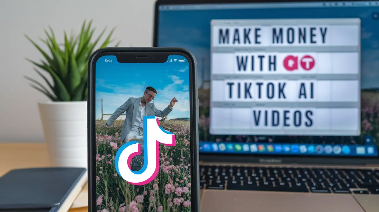 Graphic illustrating how to make money with TikTok AI videos, featuring a smartphone displaying the TikTok app and AI-generated content.