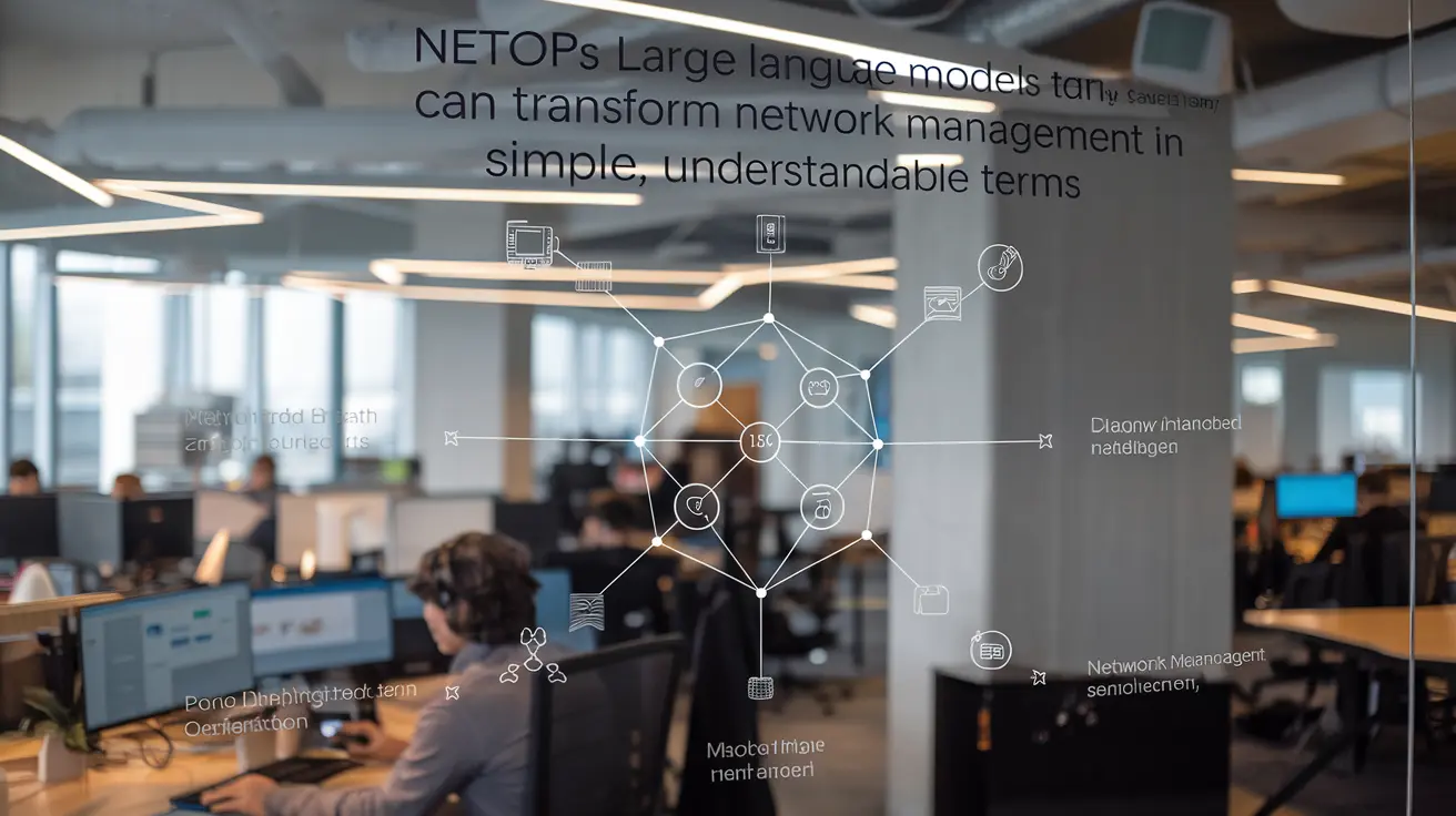 Illustration of NetOps Large Language Models for Beginners, showing a network diagram with various nodes and connections, highlighting key concepts and tools.