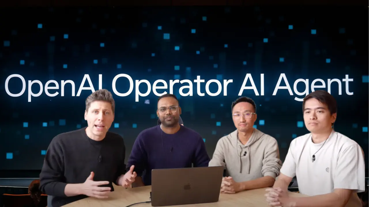 A graphic illustrating an OpenAI Operator AI Agent interacting with a user, showcasing its capabilities in natural language processing and task automation.