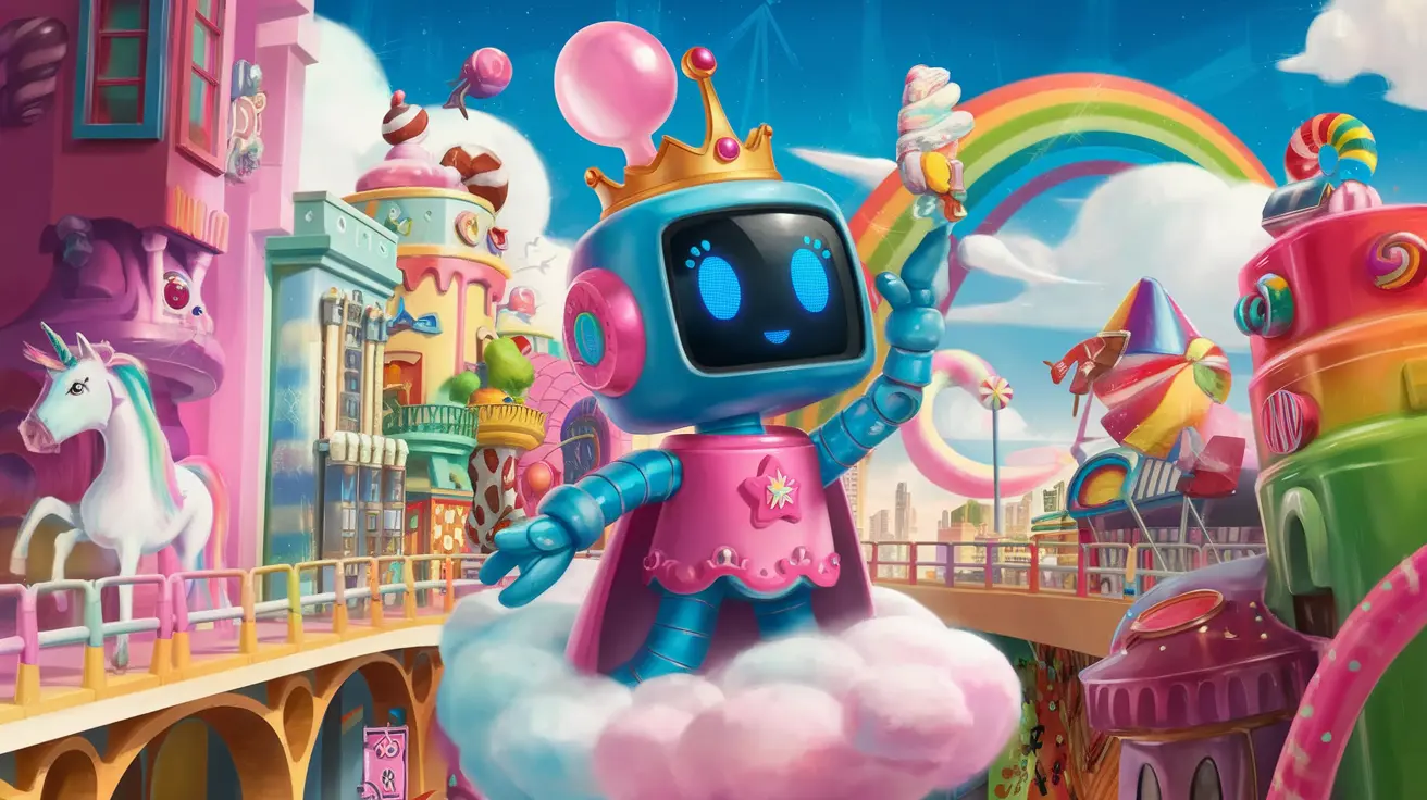 Illustration of Princess Robot Bubblegum, a unique character combining royal elegance with futuristic robotics, surrounded by colorful bubbles.