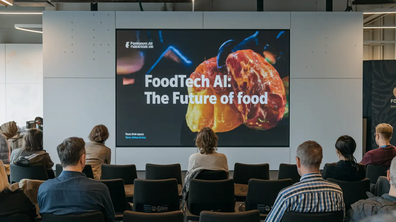 AI Innovations in Food: A futuristic kitchen showcasing robotic arms preparing meals, smart appliances, and AI-driven food delivery systems.