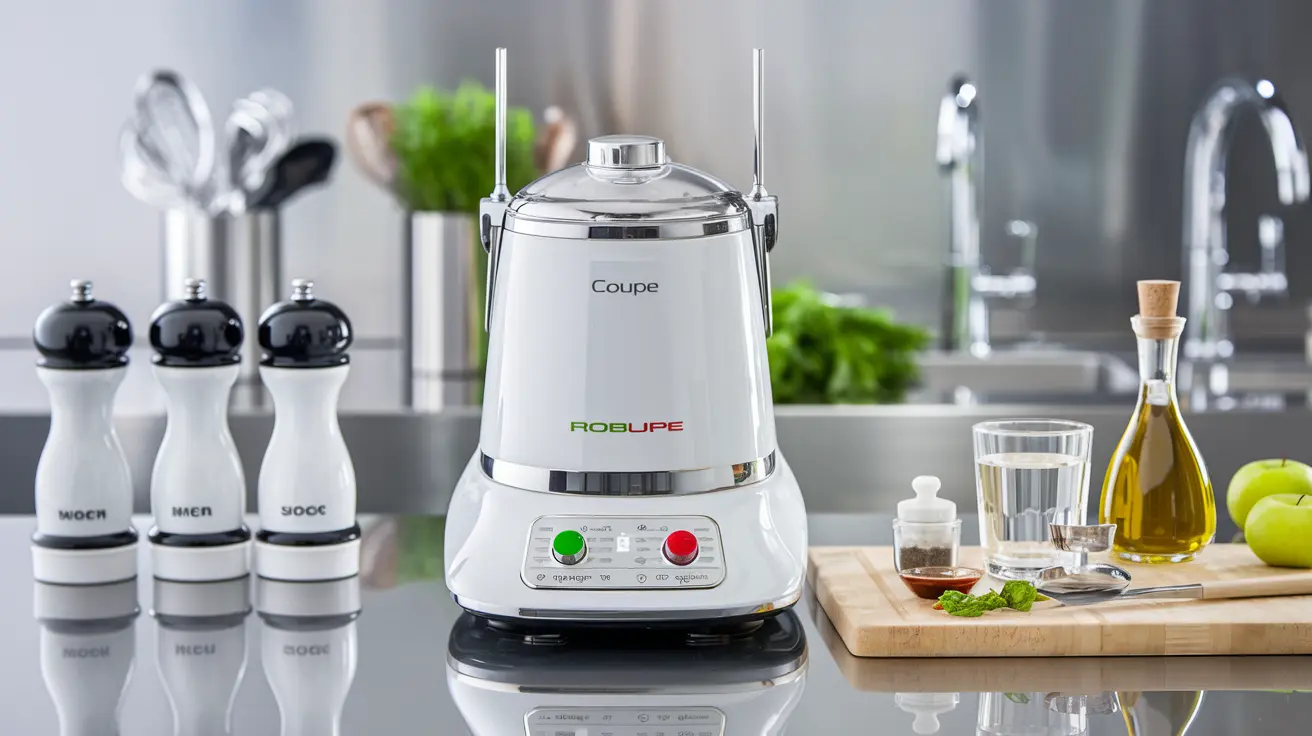 Robot Coupe food processor on a countertop, surrounded by fresh ingredients.