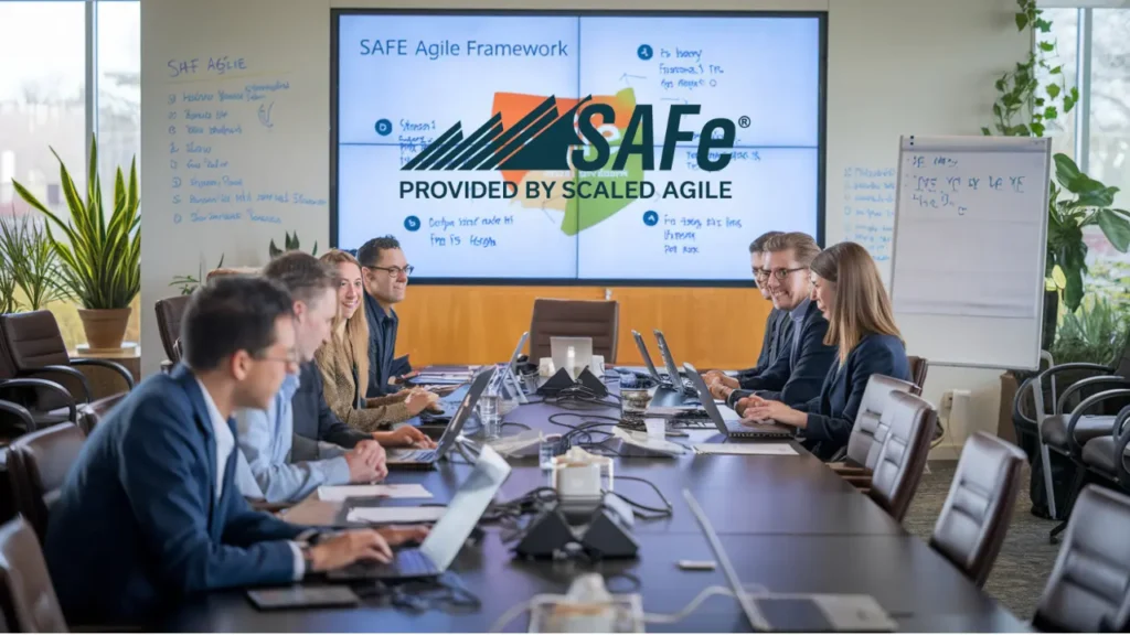 An illustration of the SAFe Agile Framework Certification, showcasing the pathway to Lean-Agile excellence with interconnected gears representing collaboration and agility.