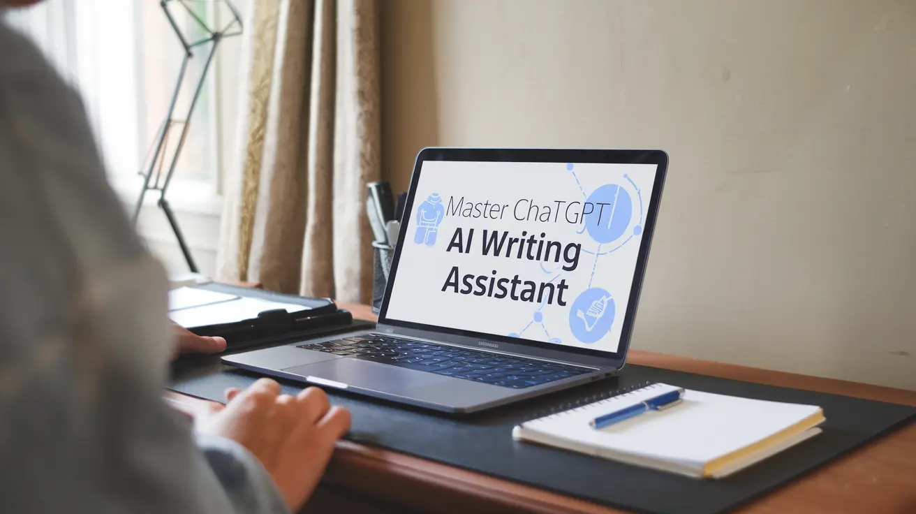 Master ChatGPT AI Writing Assistant interface on a laptop screen, featuring a futuristic robot avatar, a sleek design, and user-friendly text prompts for enhanced writing experiences.